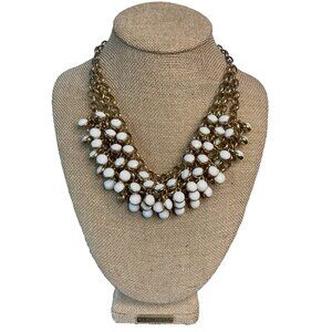 Gold Tone Multi Strand Round White Acrylic Dangling Statement Necklace